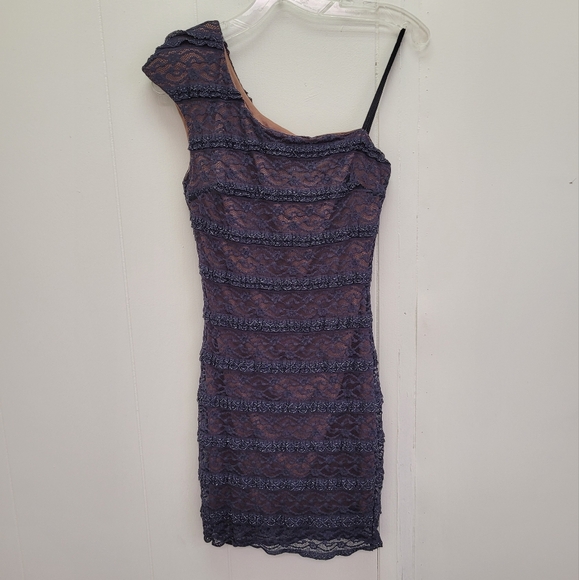 bloom Dresses & Skirts - Bloom One Shoulder Metallic Ruffle Lace Mini Dress